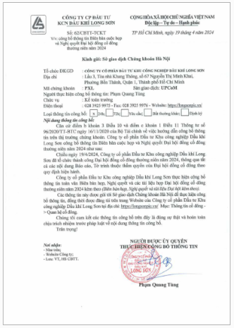 Công ty CP Đầu tư KCN Dầu khí Long Sơn (Mã chứng khoán PXL) gửi Công bố thông tin Biên bản họp và Nghị quyết ĐHĐCĐ thường niên năm 2024.