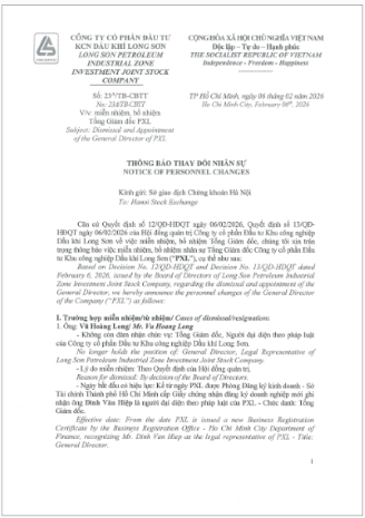 Công ty Cổ phần Đầu tư Khu công nghiệp Dầu khí Long Sơn (Mã chứng khoán PXL) thông báo thay đổi nhân sự