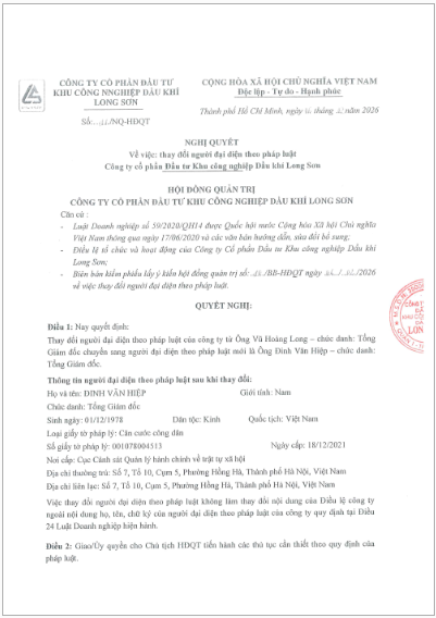 Công ty Cổ phần Đầu tư Khu công nghiệp Dầu khí Long Sơn (Mã chứng khoán PXL) công bố thông tin Nghị quyết Hội đồng quản trị.