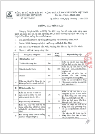 THÔNG BÁO MỜI THẦU