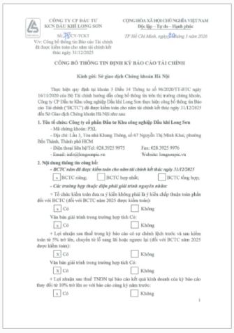 Long Son Petroleum Industrial Zone Investment Joint Stock Company (Stock Code: PXL) periodic disclosure of financial statements.