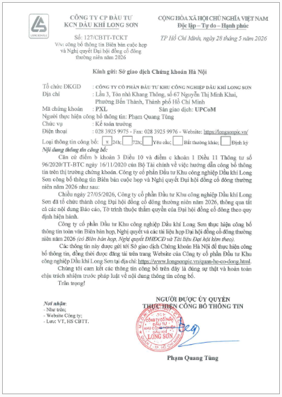 Công ty Cổ phần Đầu tư Khu công nghiệp Dầu khí Long Sơn (Mã chứng khoán PXL) công bố thông tin Biên bản họp và Nghị quyết Đại hội đồng cổ đông thường niên năm 2026