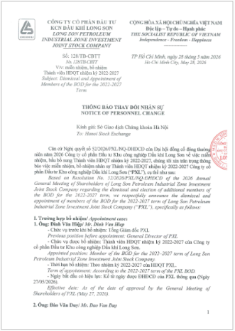Công ty Cổ phần Đầu tư Khu công nghiệp Dầu khí Long Sơn (Mã chứng khoán PXL) thông báo thay đổi nhân sự