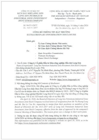 Công ty Cổ phần Đầu tư Khu công nghiệp Dầu khí Long Sơn (Mã chứng khoán PXL) công bố thông tin đơn từ nhiệm chức vụ thành viên HĐQT