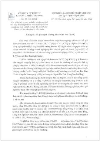 Giải trình về việc thay đổi lợi nhuận sau thuế thu nhập doanh nghiệp trong Quý IV/2025 tăng (hoặc giảm) từ 10% trở lên so với cùng kỳ năm trước.