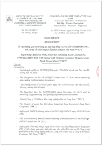 Công ty Cổ phần Đầu tư Khu công nghiệp Dầu khí Long Sơn (Mã chứng khoán PXL) công bố thông tin Nghị quyết Hội đồng quản trị.