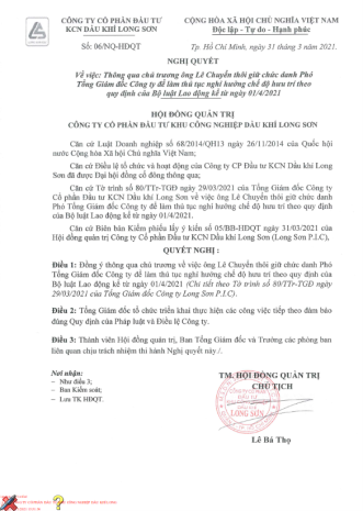 Công ty CP Đầu tư KCN Dầu khí Long Sơn (Mã chứng khoán PXL) công bố thông tin Nghị quyết HĐQT về công tác cán bộ.