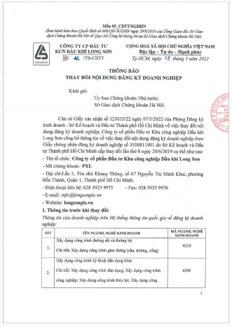 Công ty CP Đầu tư KCN Dầu khí Long Sơn (Mã chứng khoán PXL) công bố thông tin Thông báo thay đổi nội dung đăng ký doanh nghiệp.