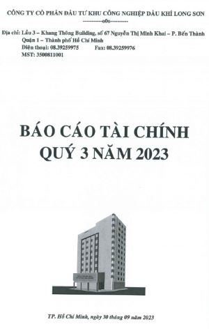 Công ty CP Đầu tư KCN Dầu khí Long Sơn (Mã chứng khoán PXL) công bố thông tin BCTC Quý 3 Năm 2023.