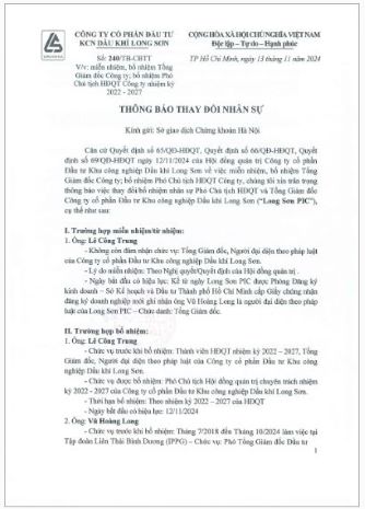 Công ty cổ phần Đầu tư Khu công nghiệp Dầu khí Long Sơn (Mã chứng khoán PXL) công bố thông tin thay đổi nhân sự Tổng Giám đốc, bổ nhiệm Phó chủ tịch HĐQT Công ty nhiệm kỳ 2022 - 2027.