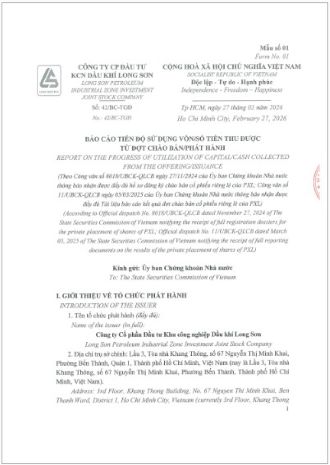 Công ty Cổ phần Đầu tư Khu công nghiệp Dầu khí Long Sơn (Mã chứng khoán PXL) báo cáo tiến độ sử dụng vốn/số tiền thu được từ đợt chào bán/phát hành