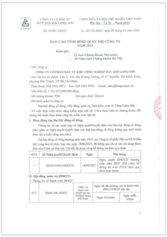 Công ty CP Đầu tư Khu công nghiệp Dầu khí Long Sơn (Mã chứng khoán PXL) công bố thông tin Báo cáo tình hình quản trị Công ty năm 2025