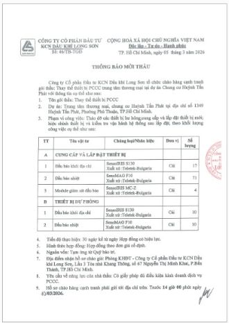 Công ty Cổ phần Đầu tư KCN Dầu khí Long Sơn tổ chức chào hàng cạnh tranh gói thầu: Thay thế thiết bị PCCC trung tâm thương mại tại dự án Chung cư Huỳnh Tấn Phát