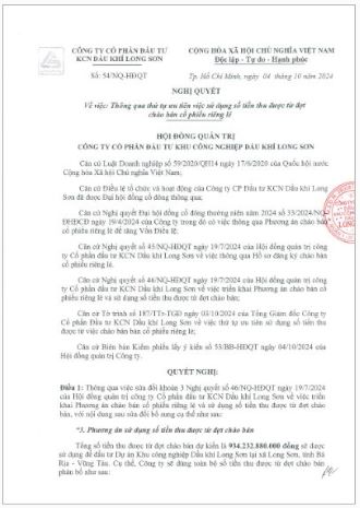 Công ty CP Đầu tư Khu công nghiệp Dầu khí Long Sơn (Mã chứng khoán PXL) công bố thông tin Nghị quyết của HĐQT thông qua thứ tự ưu tiên việc sử dụng số tiền thu được từ đợt chào bán cổ phiếu riêng lẻ.