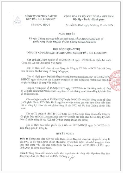 Công ty CP Đầu tư Khu công nghiệp Dầu khí Long Sơn (Mã chứng khoán PXL) công bố thông tin Nghị quyết của HĐQT thông qua việc tiếp tục triển khai Hồ sơ đăng ký chào bán cổ phiếu riêng lẻ của PXL tại Ủy ban Chứng khoán Nhà nước.