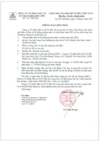 Công ty CP Đầu tư KCN Dầu khí Long Sơn (Mã chứng khoán PXL) Thông báo mời thầu: Gói thầu chống thấm tại tòa nhà Long Sơn Building.