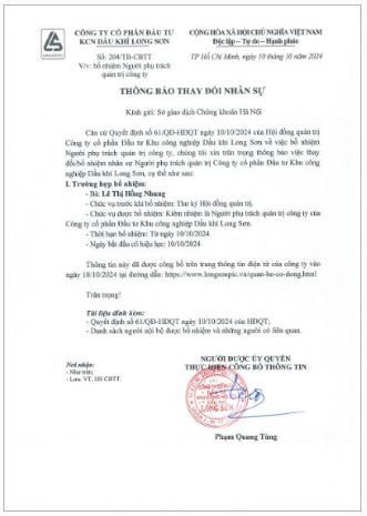 Công ty cổ phần Đầu tư Khu công nghiệp Dầu khí Long Sơn (Mã chứng khoán PXL) công bố thông tin bổ nhiệm Người phụ trách quản trị Công ty.