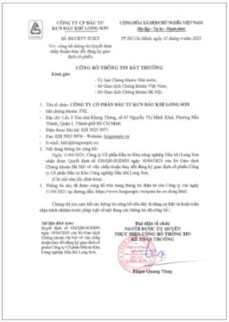 Công ty cổ phần Đầu tư Khu công nghiệp Dầu khí Long Sơn (Mã chứng khoán PXL) công bố thông tin Quyết định chấp thuận thay đổi đăng ký giao dịch cổ phiếu.