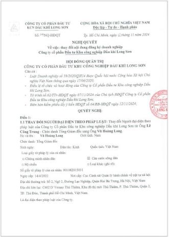 Công ty cổ phần Đầu tư Khu công nghiệp Dầu khí Long Sơn (Mã chứng khoán PXL) công bố thông tin Nghị quyết của HĐQT về việc thay đổi nội dung đăng ký doanh nghiệp.