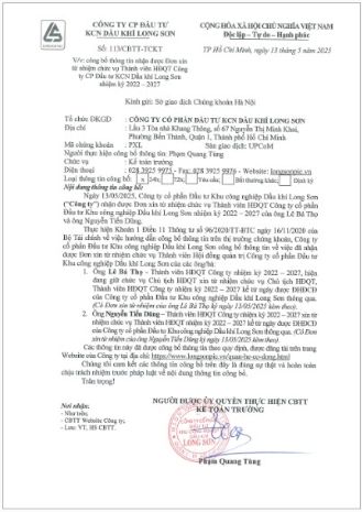 Công ty CP Đầu tư Khu công nghiệp Dầu khí Long Sơn (Mã chứng khoán PXL) công bố thông tin nhận được Đơn xin từ nhiệm của Thành viên HĐQT nhiệm kỳ 2022 - 2027