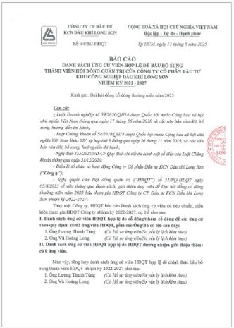 Công ty Cổ phần Đầu tư Khu công nghiệp Dầu khí Long Sơn (Mã chứng khoán PXL) Báo cáo Danh sách ứng viên hợp lệ bầu bổ sung HĐQT nhiệm kỳ 2022-2027