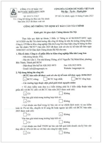 Công ty CP Đầu tư Khu công nghiệp Dầu khí Long Sơn công bố thông tin Báo cáo Tài chính bán niên đã được soát xét cho kỳ kế toán kết thúc ngày 30/06/2025.