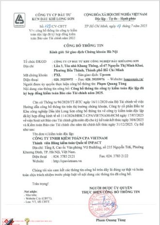 Công ty Cổ phần Đầu tư KCN Dầu khí Long Sơn (Mã chứng khoán PXL) công bố thông tin công ty kiểm toán đã ký hợp đồng kiểm toán BCTC năm 2025.