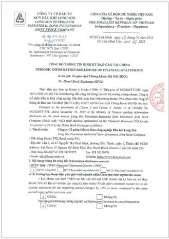 Công ty Cổ phần Đầu tư Khu công nghiệp Dầu khí Long Sơn (Mã chứng khoán: PXL) công bố Công văn CBTT Báo cáo Tài chính Quý 1_2025