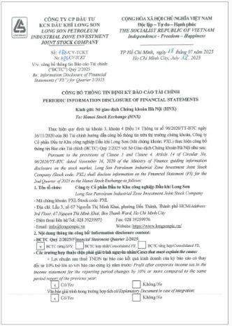Công ty Cổ phần Đầu tư Khu công nghiệp Dầu khí Long Sơn (Mã chứng khoán: PXL) công bố Công văn CBTT Báo cáo Tài chính Quý 2_2025