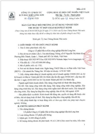 Công ty Cổ phần Đầu tư Khu công nghiệp Dầu khí Long Sơn (Mã chứng khoán PXL) công bố thông tin Báo cáo thay đổi phương án sử dụng vốn/số tiền thu được từ đợt chào bán riêng lẻ.