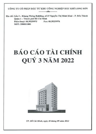 Công ty CP Đầu tư KCN Dầu khí Long Sơn (Mã chứng khoán PXL) công bố thông tin Báo cáo Tài chính Quý 3/2022.