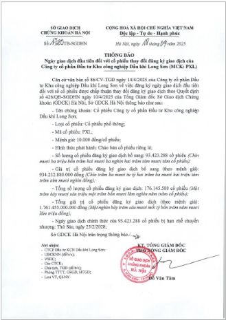 Công ty Cổ phần Đầu tư Khu công nghiệp Dầu khí Long Sơn (Mã chứng khoán: PXL) công bố Thông báo của Sở GDCK về ngày giao dịch đầu tiên đối với cổ phiếu thay đổi ĐKGD_Mã chứng khoán PXL