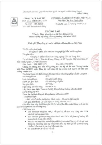 Công ty cổ phần Đầu tư Khu công nghiệp Dầu khí Long Sơn (Mã chứng khoán PXL) công bố thông tin: Thông báo về ngày đăng ký cuối cùng thực hiện quyền tham dự ĐHĐCĐ thường niên năm 2025.