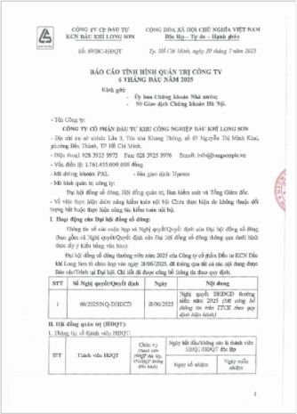 Công ty CP Đầu tư Khu công nghiệp Dầu khí Long Sơn (Mã chứng khoán PXL) công bố thông tin Báo cáo tình hình quản trị Công ty 6 tháng năm 2025.